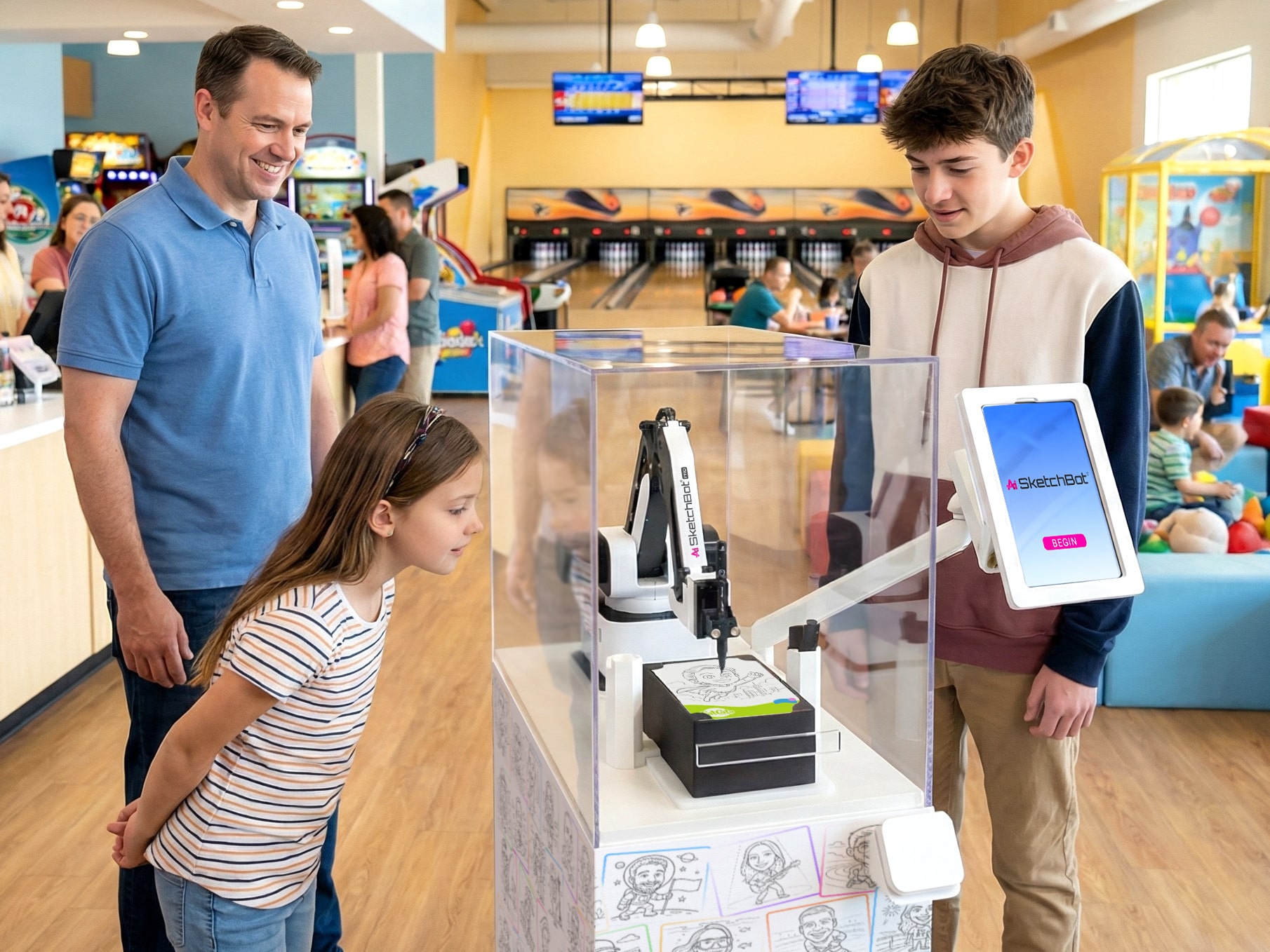 A family watching as the SketchBot creates a personalized caricature sketch