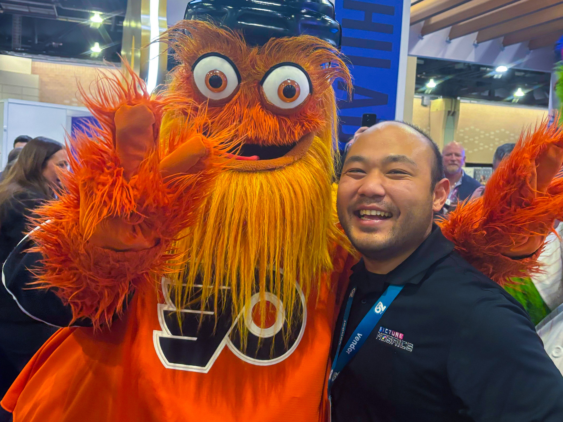 Our tech hanging out with the Flyers Mascot, Gritty