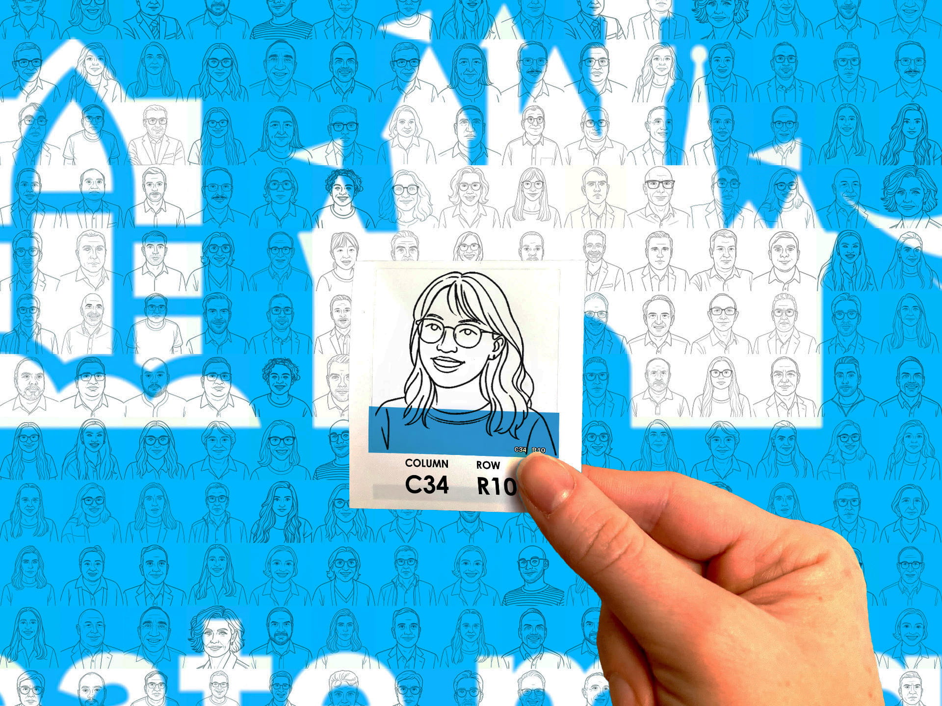 Close-up of an adhesive sketch portrait tile, with a SketchBot Mosaic in the background