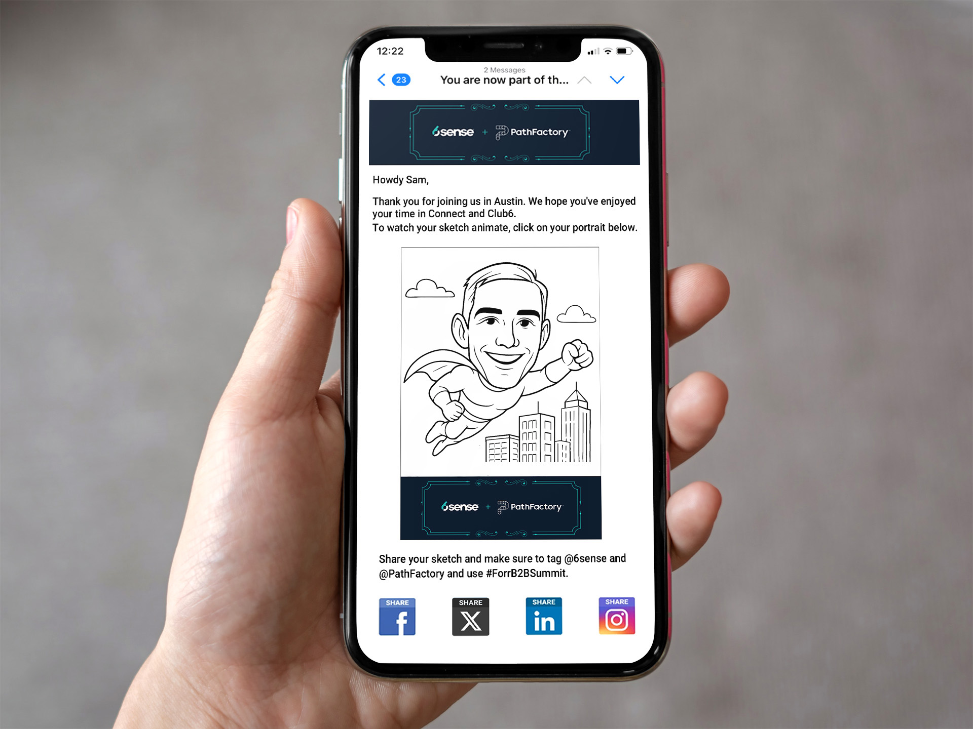 Branded email takeaway containing a custom portrait by SketchBot, with options for social sharing