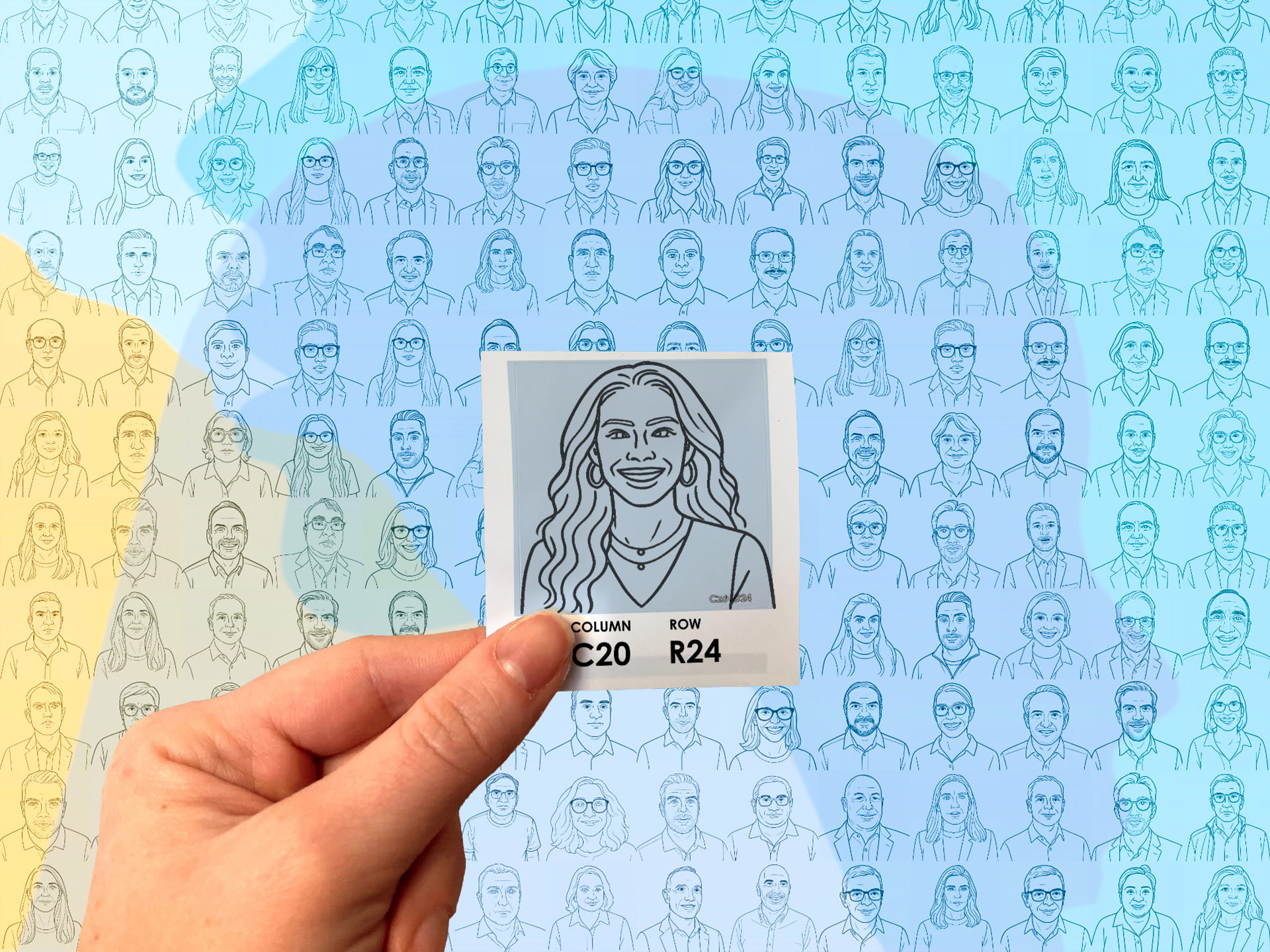 Close-up of a sketched portrait tile, held up in front of a colorful photo mosaic filled with portraits