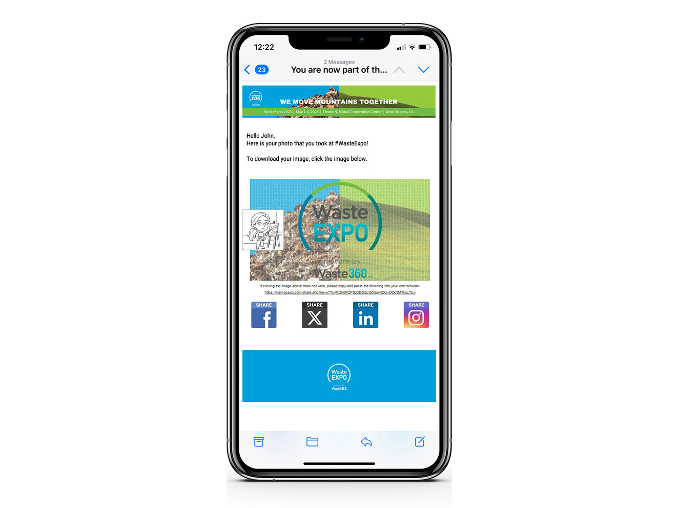 Branded SketchBot event follow-up email shown on iPhone as personalized digital takeaway
