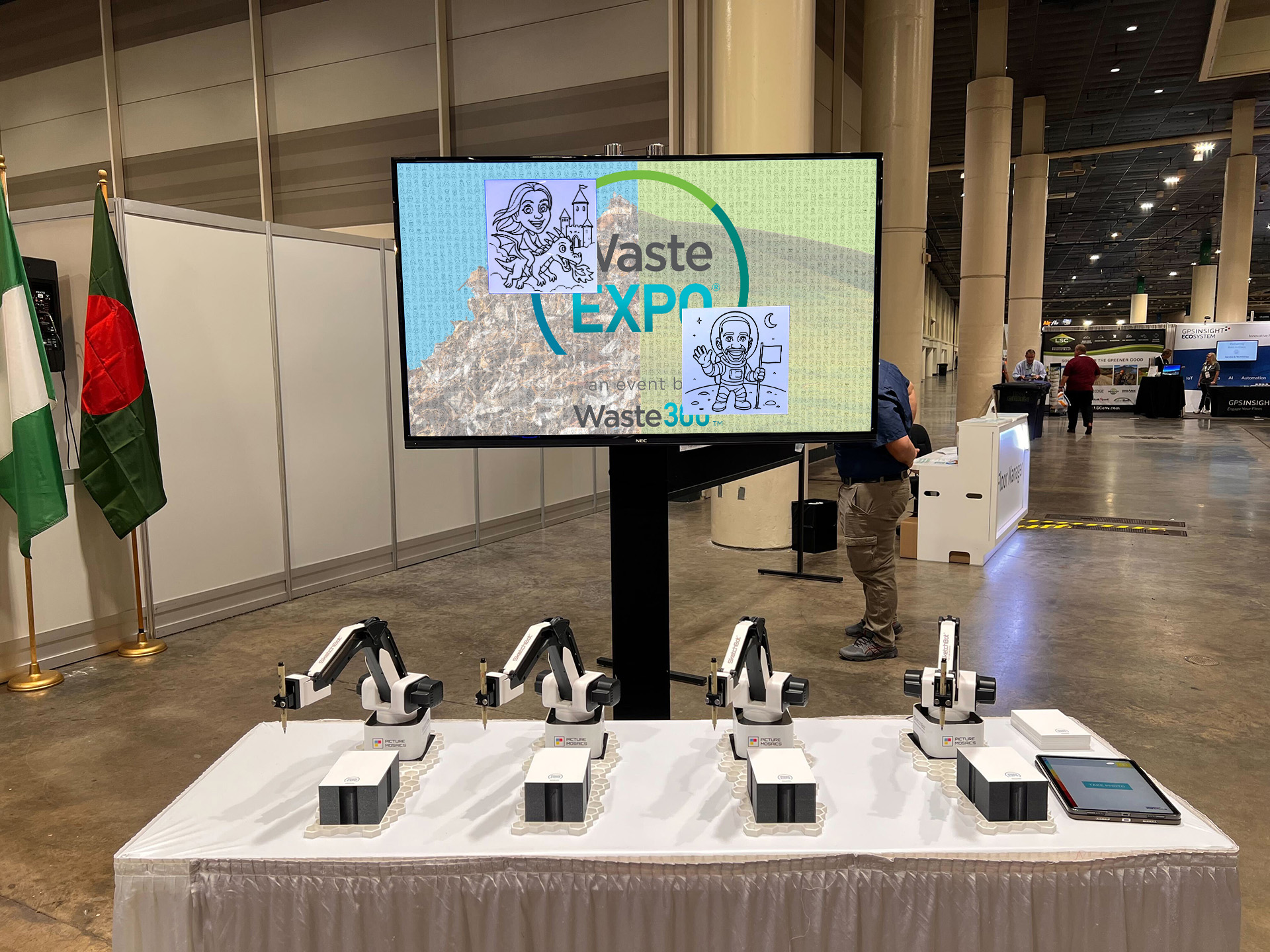 Digital SketchBot mosaic installation at Waste Expo showcasing live Ai portrait sketches