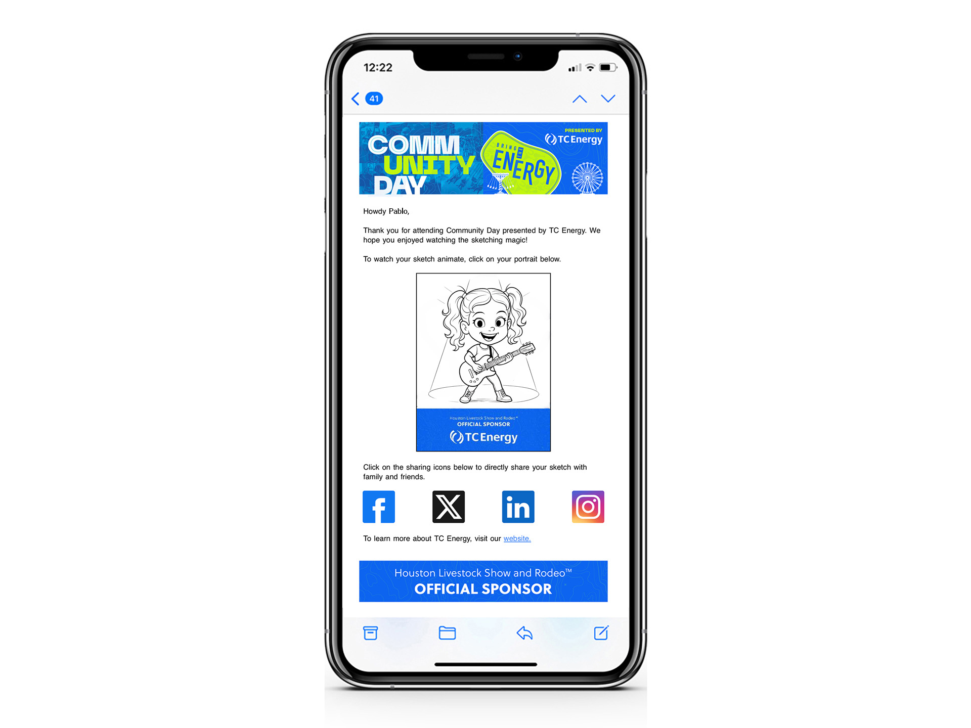 Branded email takeaway containing a custom portrait by SketchBot, with options for social sharing