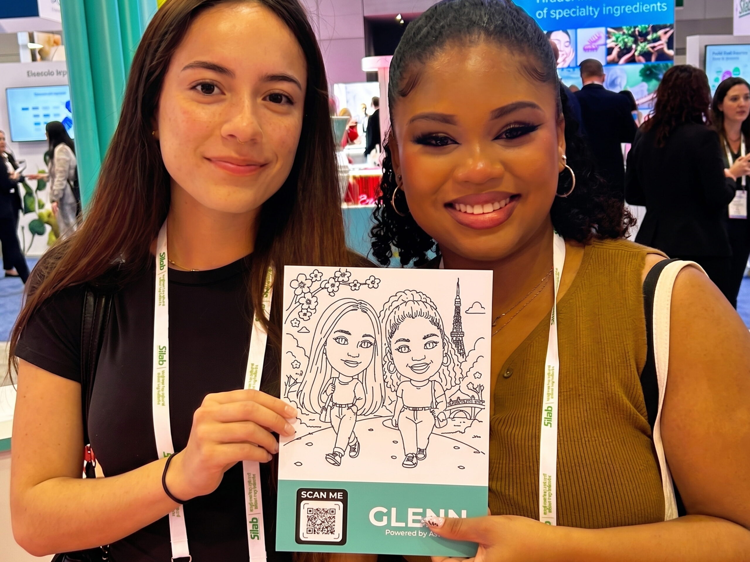 Two women showing of their robotic drawn sketch of them shopping