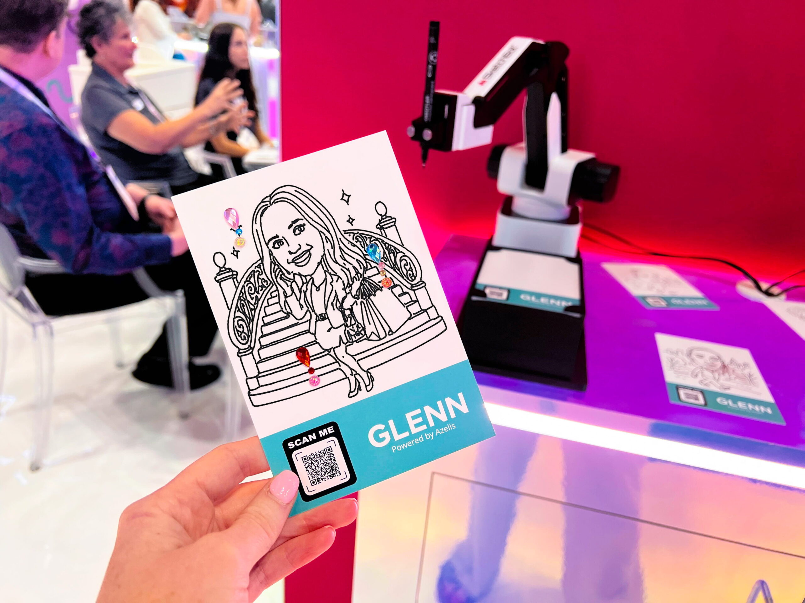 A woman's SketchBot caricature drawing of her shopping with gems added for more flair