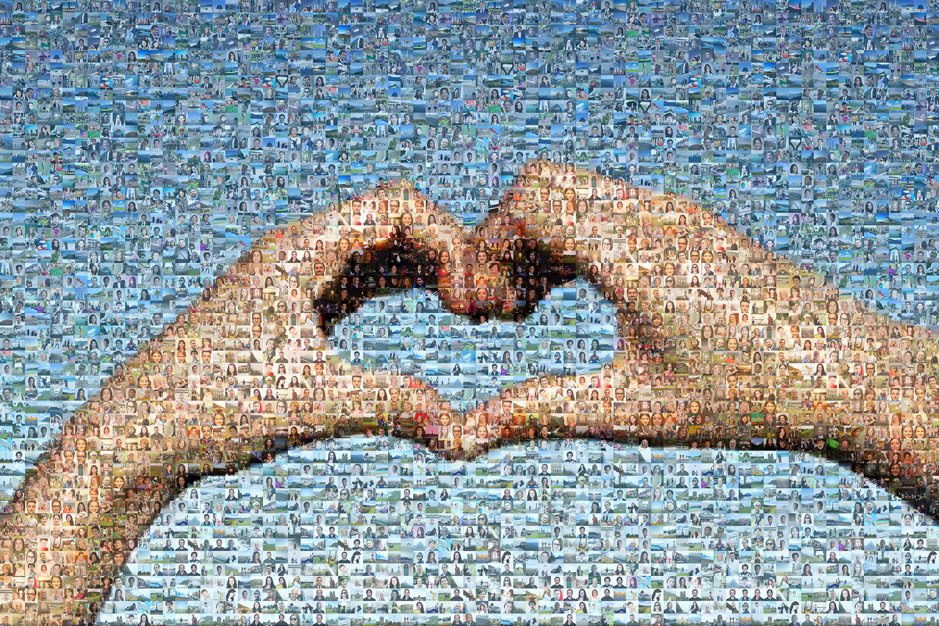 Photo mosaic of heart-shaped hands held up against a bright sky background