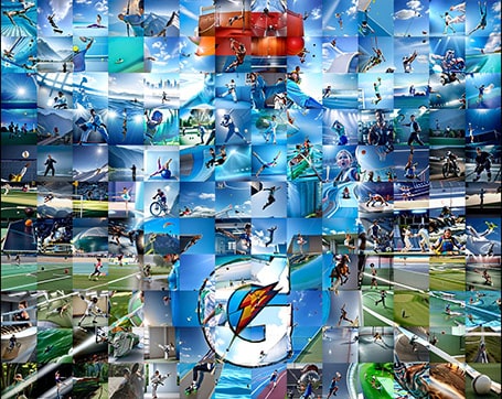 Gatorade themed Ai Mosaic using guest favorite sports to create a fun photo mosaic