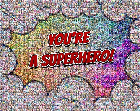 Ai powered portrait mosaic with guest turned into a superhero in each tile