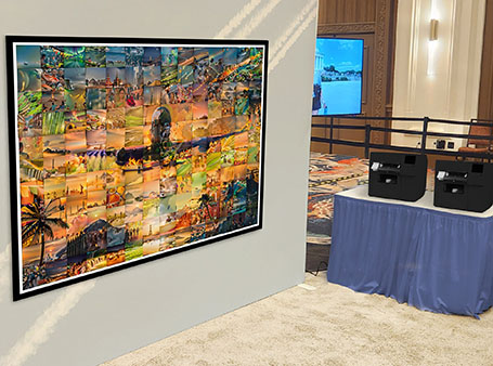 Live printed Travel themed Ai mosaic with orinters off to the side