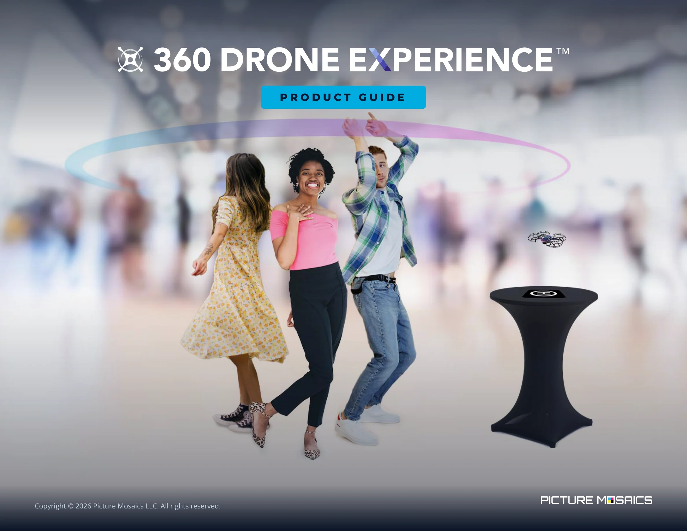 360 Drone Experience product guide cover — guests dancing inside a glowing 360 capture ring with a drone overhead.