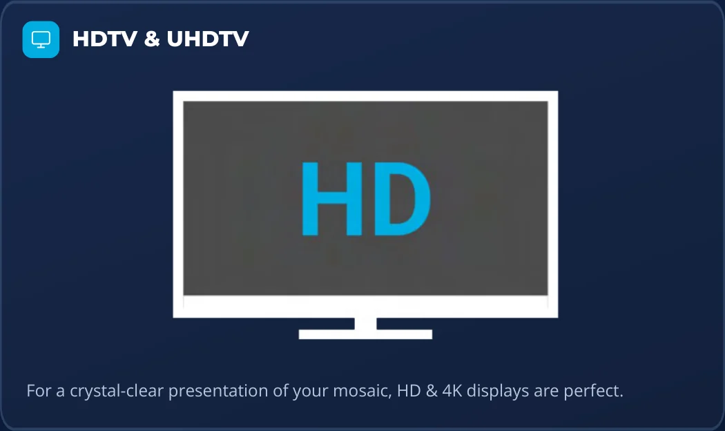 HD and 4K HDTV display showing a live photo mosaic.