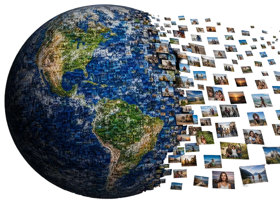Globe mosaic with photo tiles flying off the surface.