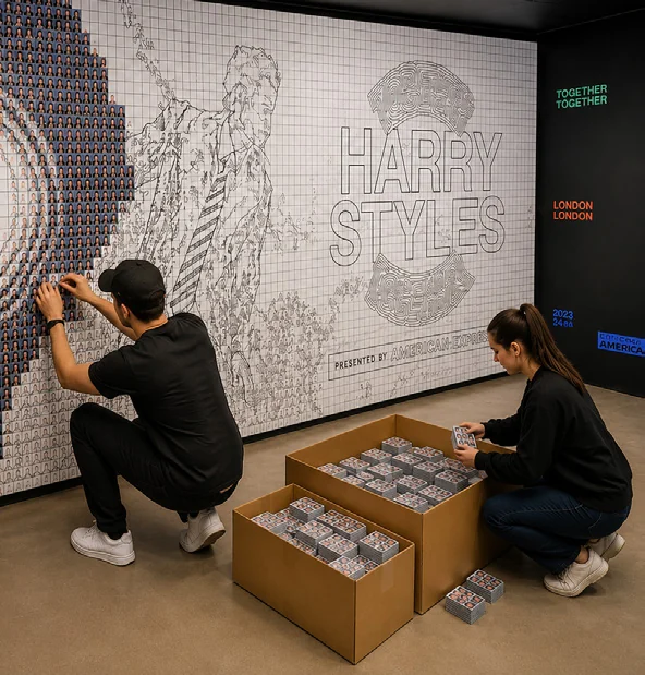 Guests assembling a Mosaic in a Box wall from boxed tiles.