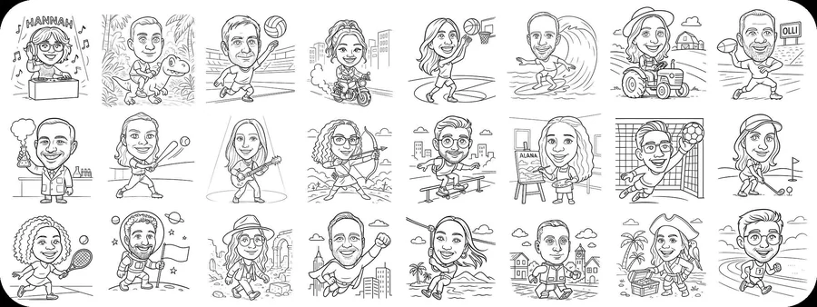 Examples of SketchBot caricature sketches with custom mini-body themes.