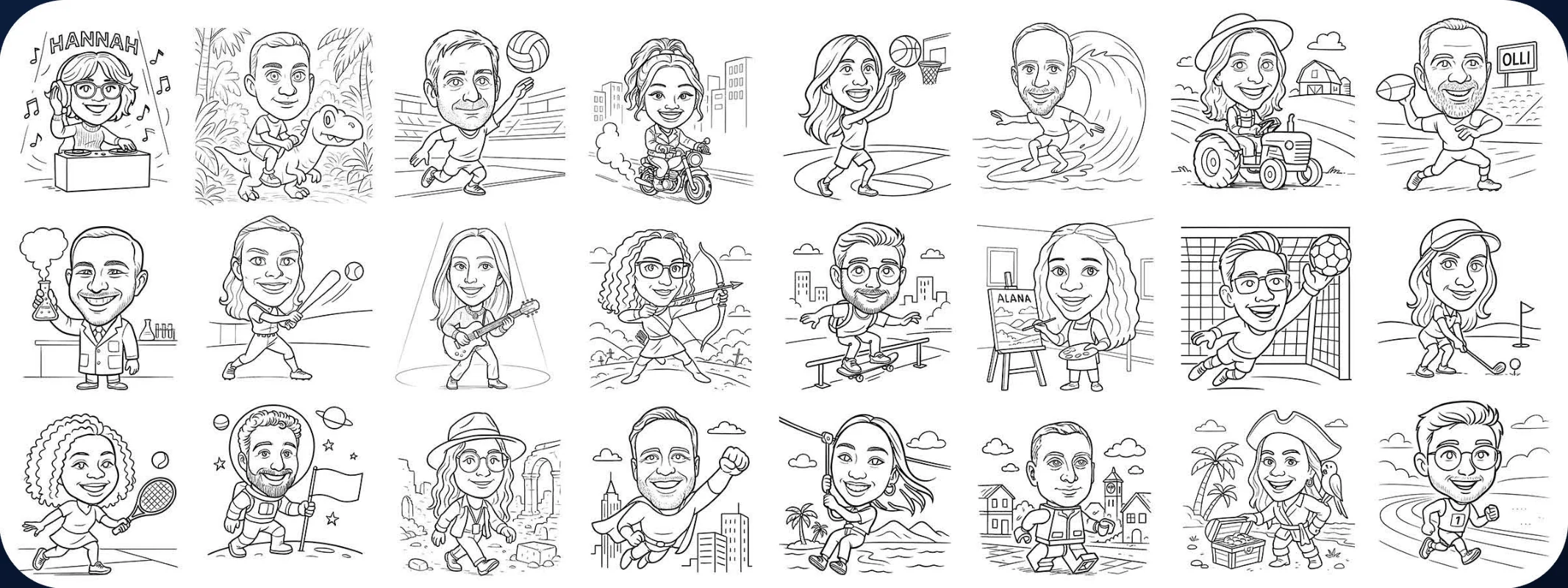 Examples of SketchBot caricature sketches with custom mini-body themes.