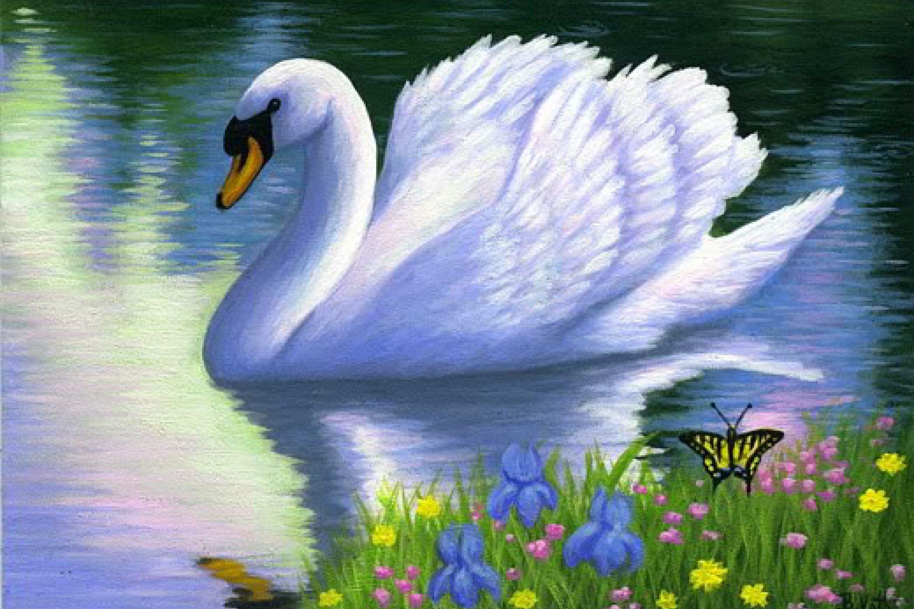Рисование белые лебеди в пруду