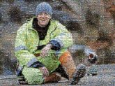 Construction Construction Smile High-visibility clothing Glove Workwear Headgear Asphalt Personal protective equipment Player Recreation Grass