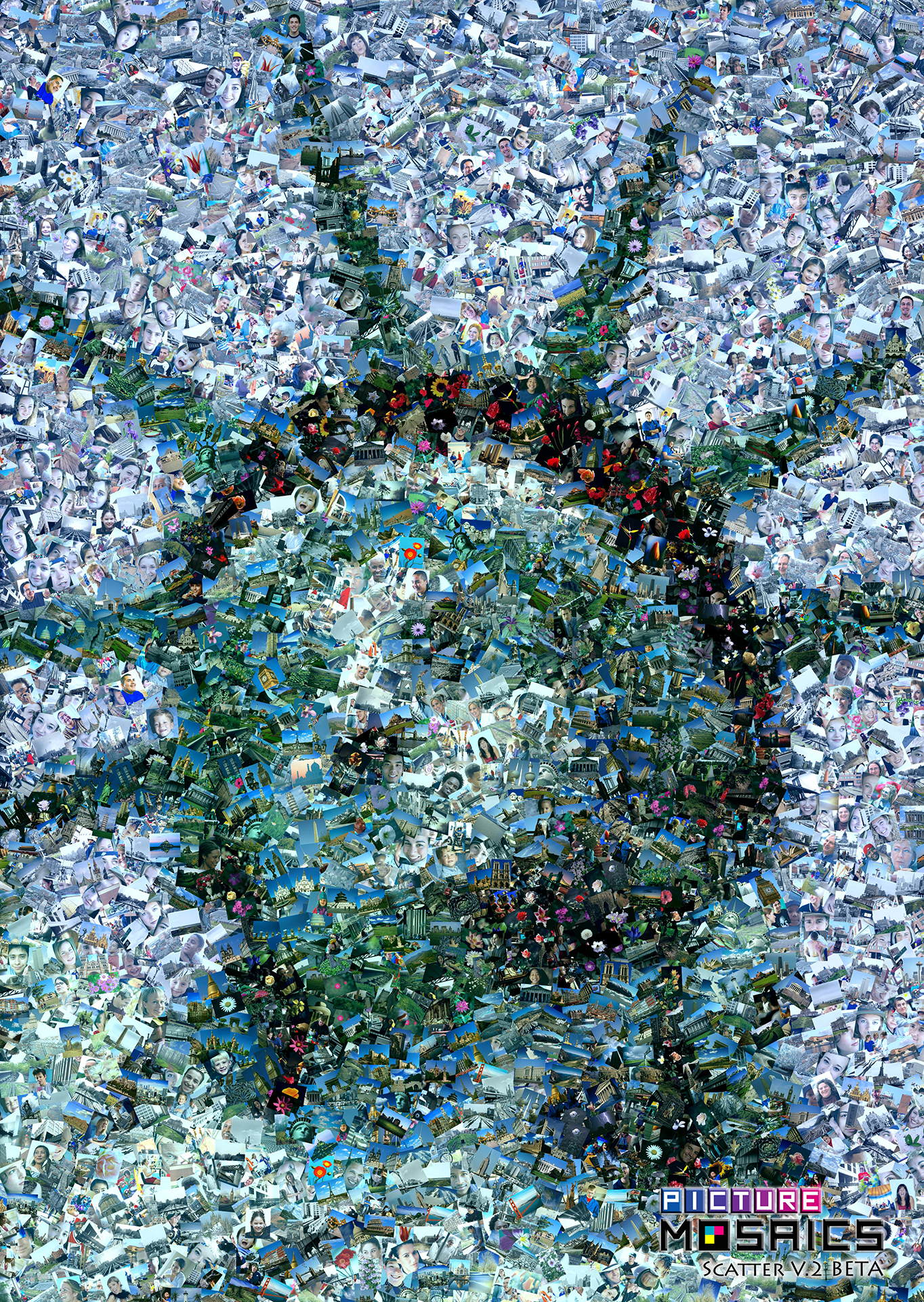 photo mosaic Using our new Scatter V.2 (Beta) technology, photos were arranged in a chaotic yet structured manor to create this unique mosaic