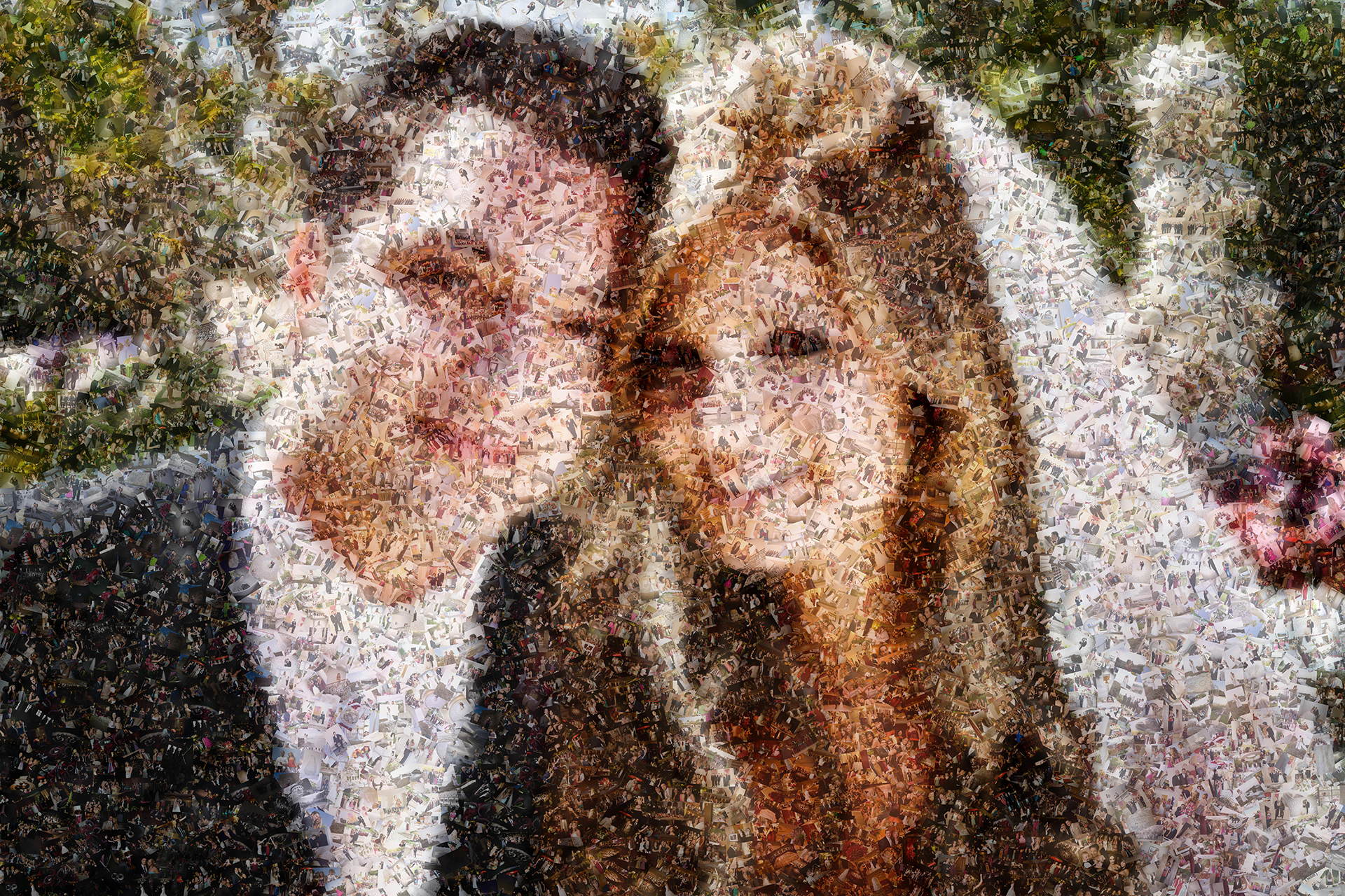 photo mosaic Using our new Scatter V.2 (Beta) technology, 1500 unique wedding photos selected by the photographer were arranged in a chaotic yet structured manor to create this vibrant mosaic