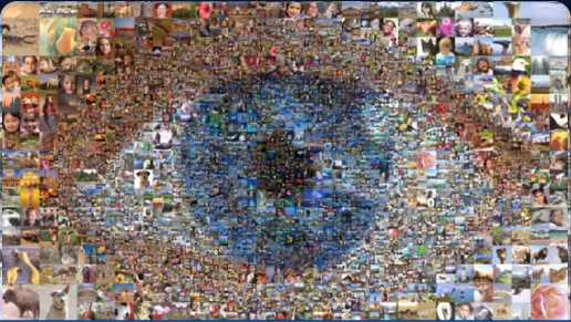 Multi-size style photo mosaic of an eye.