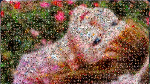 Scatter style photo mosaic of a pink flower.