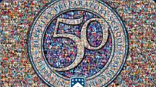 Tiered style photo mosaic of a commemorative 50th seal.