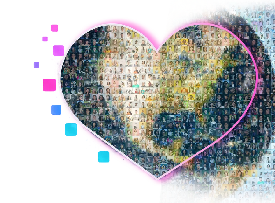 Heart-shaped mosaic made of hundreds of portrait photos.