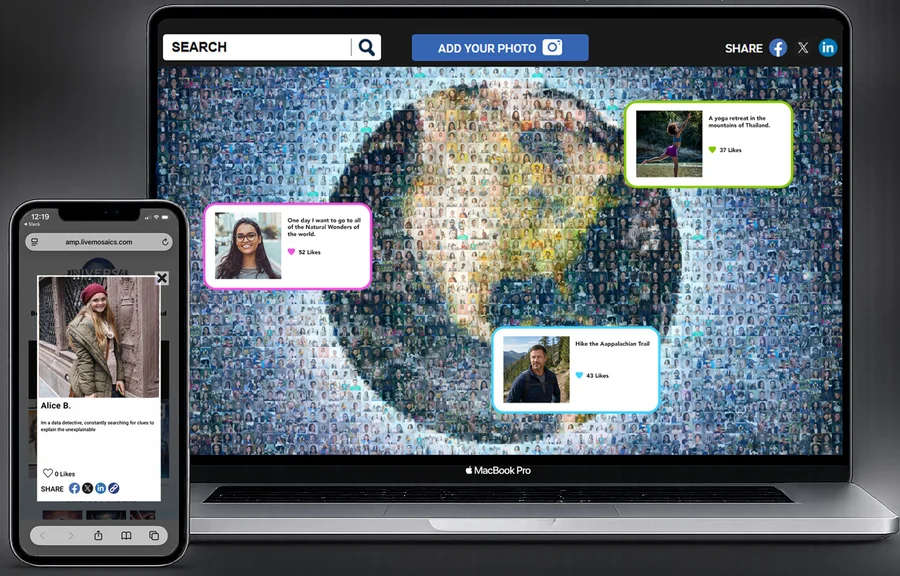 Desktop and mobile views of an interactive globe mosaic with story cards.