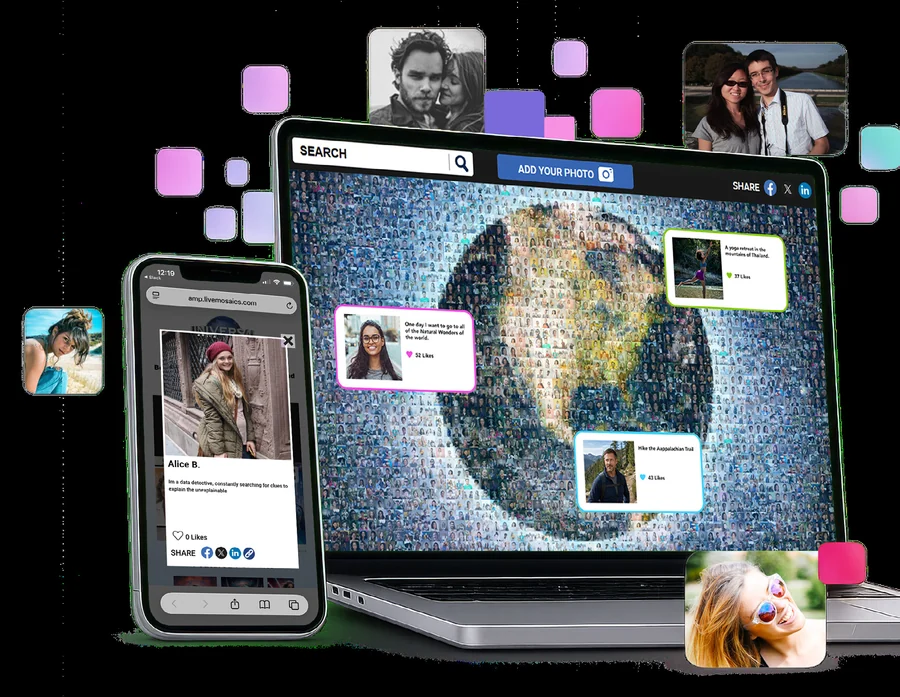 Laptop and phone showing an interactive globe mosaic with click-to-learn photo cards.