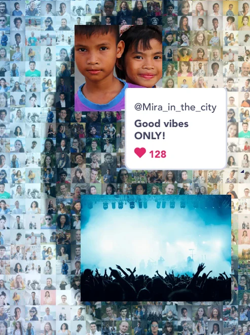 Interactive mosaic with a liked photo card and a video thumbnail.